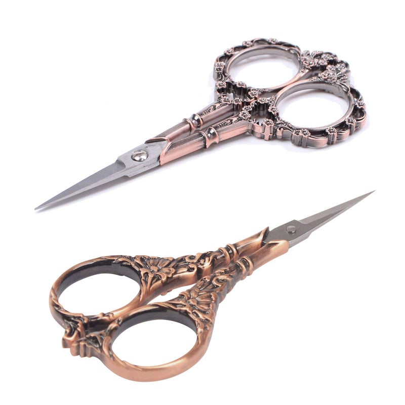 BIHRTC 2 Pairs Sewing Scissors Vintage European Style Flower Pattern Needlework Embroidery Stainless Steel Craft Tailor Scissors (Copper+Copper) - Image 1